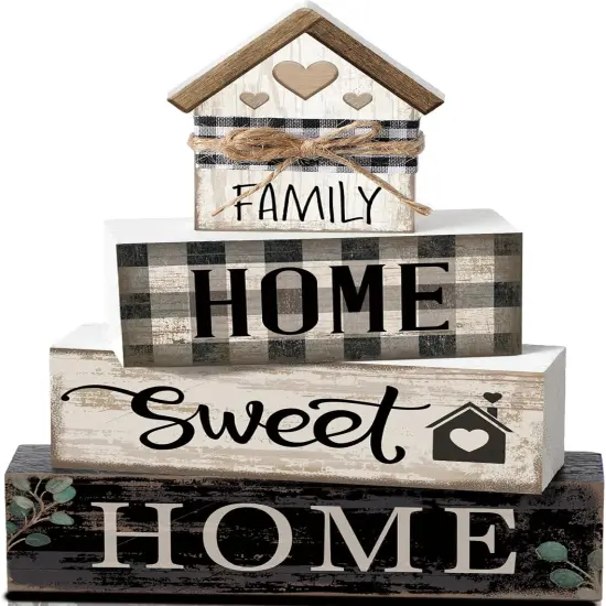 4 Pcs Farmhouse Wooden Tabletop D&eacute;cor &ndash; Rustic House Shaped Block Signs for Tiered Tray, Shelf, Mantle & Neutral Centerpieces &ndash; Sweet Home Rustic Housewarming Gift Set {1}