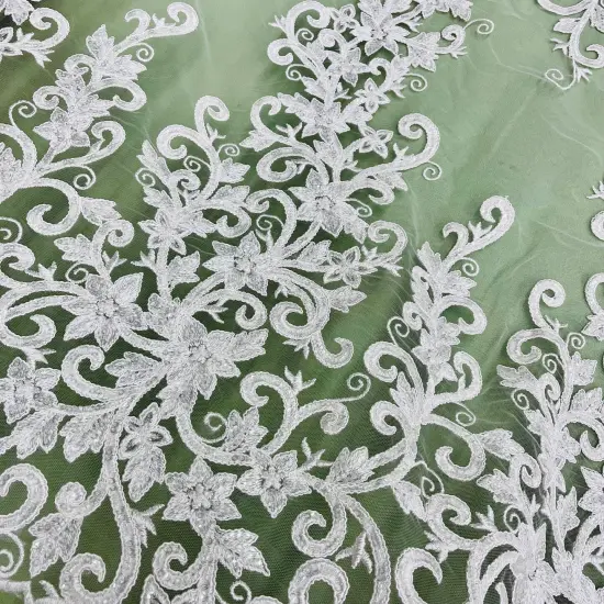 1 Yard Ivory Beaded & Corded Bridal Fabric Lace Embroidered on 100% Polyester Net Mesh, 51" Width, Elegant Wedding Fabric Silver {4}