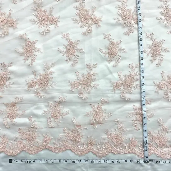 1 Yard Beaded Corded Bridal Lace Fabric Embroidered Mesh Champagne 54" Width Peach {3}