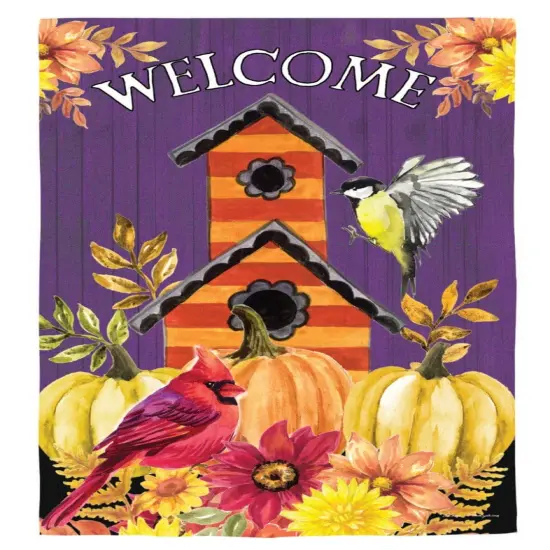 Welcome Fall Bird House Autumn Garden Flag 2 Sided {1}