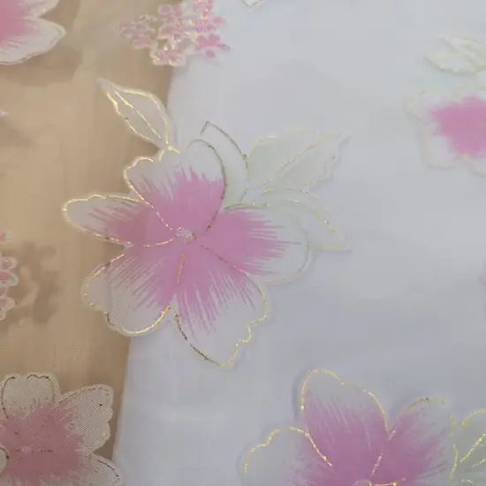 1 Yard White Organza Fabric with Pink Flowers Metallic Gold Sheer Polyester 58/59 inches wide {3}