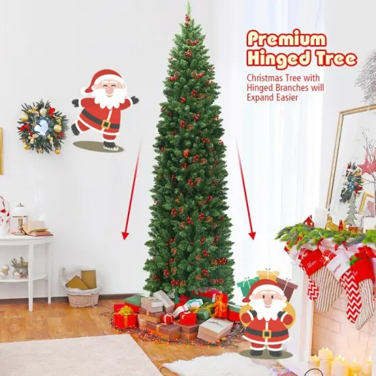 7.5 Feet Pre-lit Hinged Pencil Christmas Tree with Pine Cones Red Berries {5}