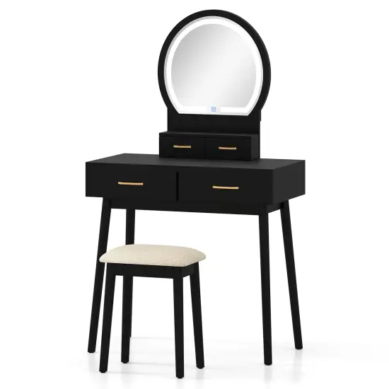 Wood MDF Vanity Table with LED Mirror, Storage Drawers and Stool White {7}