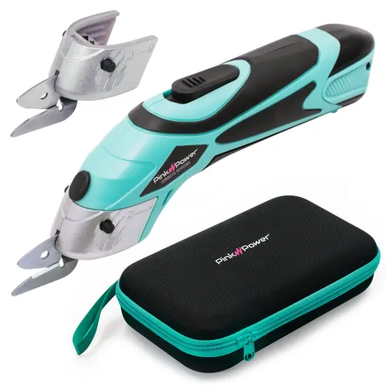 Pink Power Electric Fabric Scissors Box Cutter for Crafts, Sewing, Cardboard, & Carpet - Heavy Duty Professional Cutting Tool - Aqua Splash Cordless Electric Scissors Fabric Cutter w/Storage Case {1}
