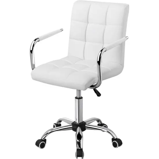 Faux Leather Adjustable Swivel Mid-Back Swivel Office Chair with Rolling Wheels White {1}