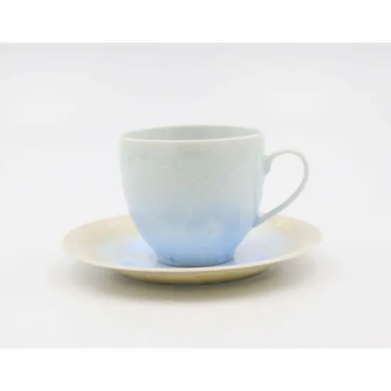 Ceramic Crystalline Glaze Light Amber with Sky Blue Cup and Saucer, Afternoon Tea, Kitchen Decor, Gift for Her {2}