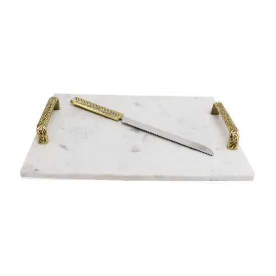 Marble Challah Board with Braided Gold Handles and Coordinating Knife {1}