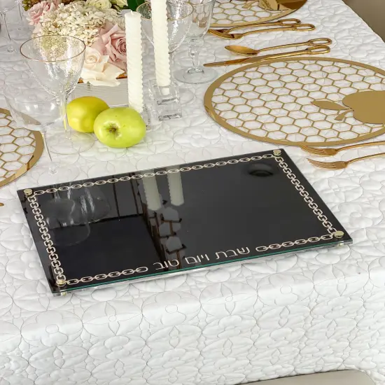 Glass Challah Board with Chain Design Embroidered Black Leatherette Silver Embroidery {5}