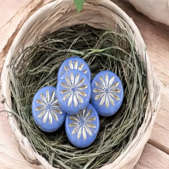 *15* 12mm Silver Platinum Washed Blue Opaline Aster Flower Coin Beads {3}