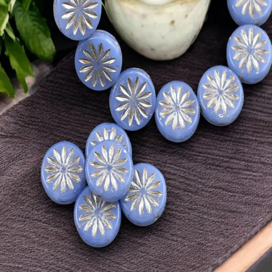 *15* 12mm Silver Platinum Washed Blue Opaline Aster Flower Coin Beads {1}