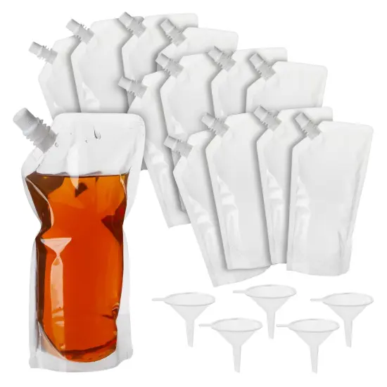 50 Pack 16oz Reusable Adult Plastic Drink Pouches with Funnels for Juice, Soda, Liquor (9 x 5 In) {1}