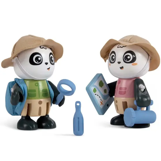Hape: Sam & Pam Set - 2 Panda Articulated Toy Figurines, Wooden Animal Miniatures W/ Explorer Gear, Nature, Green Planet Explorers, Kids Age 3+ {1}