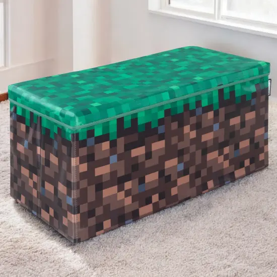 Minecraft: Bench Storage Box - Large - Pixel Grass Block, Collapsible Toy Storage w/ Lid, Footrest, 11.8 x 23.6 x 11.8", Game Theme Decor, Licensed {5}