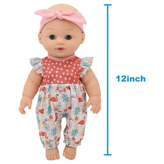 Little Darlings: Out For A Stroll - Flamingo Jumper Pink & Blue Outfit - 12" Baby Doll & Foldable Cupcake Pattern Toy Stroller, Soft Body, Kids Age 3+ {4}
