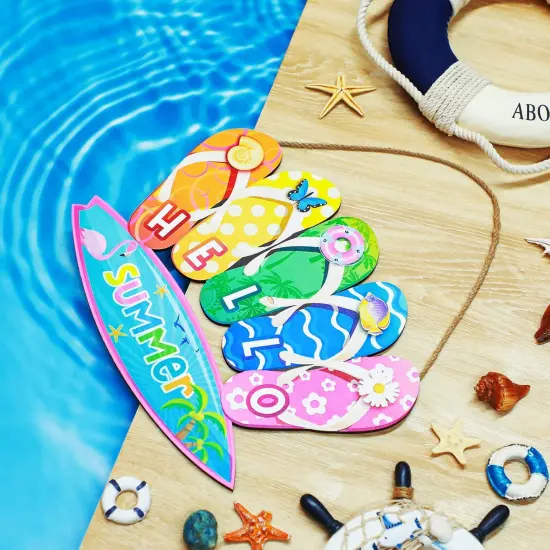 Summer Slippers Hanging Sign Shape Welcome Hello Flip Flop Wooden Door Sign Hanging Plaque Rustic Wall Sign Yard Indoor Outdoor Garden Decoration with Rope (Hello Summer) {4}