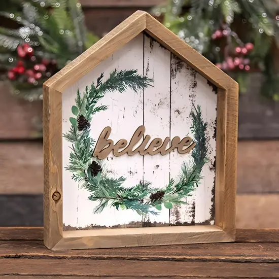 Believe Christmas Wreath Wall Decor Wood Shadowbox House Sign {3}
