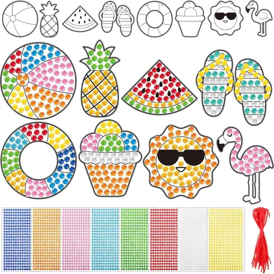 24 Sets Summer Arts Crafts Suncatcher Kits for Kids Summer Diamond Craft Ornament Kits with Color Guides Gemstone Sun Catcher Stickers DIY Diamond Art Craft Kits {1}