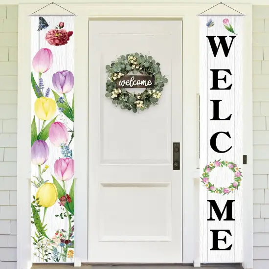 Welcome Banner 2 Pack Spring Door Sign Hanging Banners Welcome Tulip Happy Spring Porch Sign Seasonal Spring Summer Party Decorations for Indoor Outdoor Garden {1}