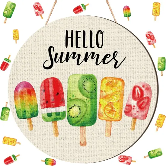 Hello Summer Door Decor Ice Cream Wreath Front Door Hanger Ice Lolly Farmhouse Summer Wooden Hanging Welcome Beach Wall Wreath Sign for Home Seasonal Holiday Porch Office Garden Office {1}