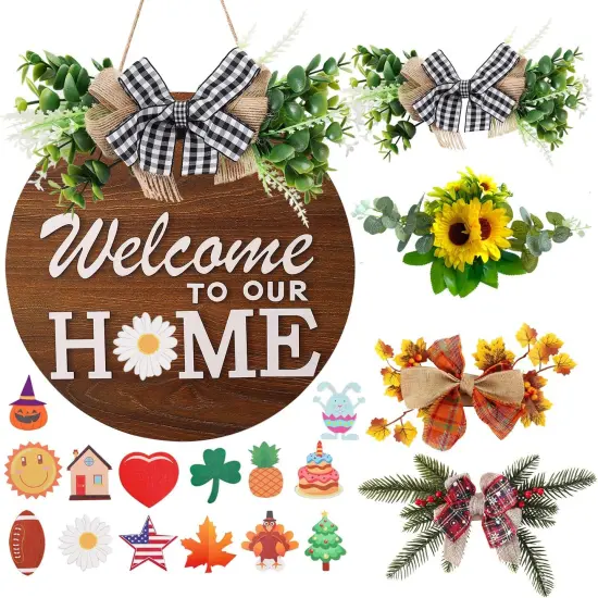 Interchangeable Welcome Sign for Front Door with 4 Seasonal Wreaths and 14 Changeable Icons, Farmhouse Front Door Signs, Door Decoration Porch Decor, Seasonal Wooden Home Sign home d&eacute;cor (6wood) {1}