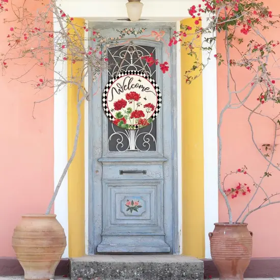 Welcome Sign Wreaths for Front Door Wooden Summer Buffalo Plaid Door Hanger for Outdoor Indoor Outside Porch Farmhouse Home Window Wall Hanging Decoration, 11.81 Inch(Geranium Flower) {4}