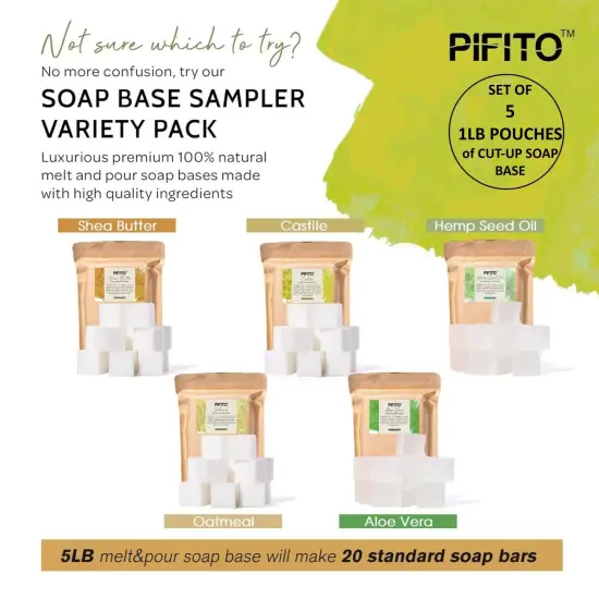 Pifito Pre-Cut Melt and Pour Soap Base Sampler (5 lbs) │ Cut-Up Pieces of Soap Base (1lb ea) │ Shea Butter, Oatmeal, Aloe Vera, Hemp Seed Oil, Castile │ Glycerin Soap Making Supplies Kit {2}
