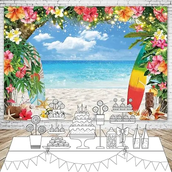 7x5ft Polyester Summer Beach Seaside Backdrop Hawaiian Tropical Palm Leaves Surfboard Photography Background for Aloha Luau Party Decoration Banner Portrait Photo Booth Props {3}
