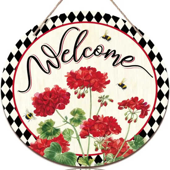 Welcome Sign Wreaths for Front Door Wooden Summer Buffalo Plaid Door Hanger for Outdoor Indoor Outside Porch Farmhouse Home Window Wall Hanging Decoration, 11.81 Inch(Geranium Flower) {1}