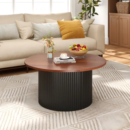 Walnut Solid Wood Round Coffee Table with Wave Support {2}