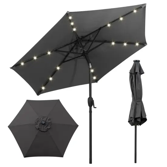 Costway 7.5 ft Solar Powered Patio Umbrella with LED Lights Push Button Tilt Crank Handle Beige/Gray/Navy/Black/Brown/Red {9}