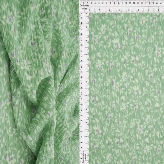 Crinkle Knit Floral Print Fabric Stretch Polyester Blend 58/59" Wide SAGE {1}