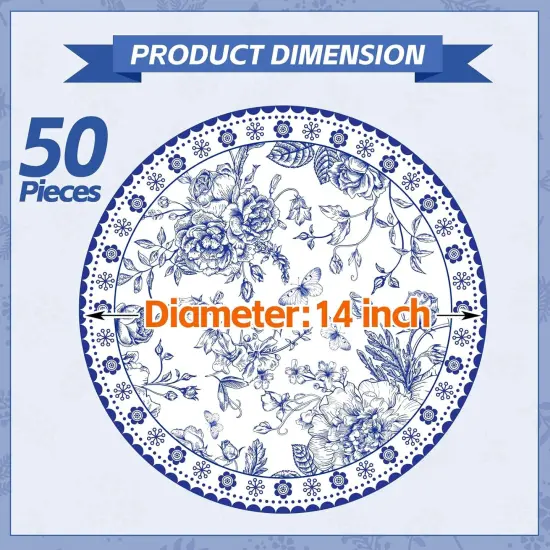50 Pcs 14 Inch Blue Floral Paper Place Mats Chinoiserie Round Placemats Flower Disposable Decorative Table Mats for Dinner Table Setting Banquet Party Supplies {2}