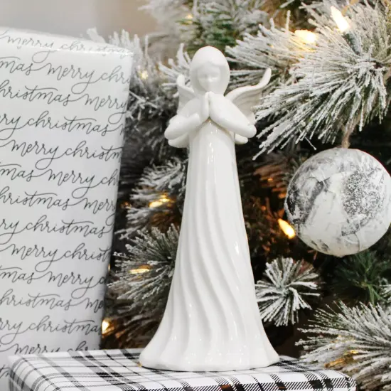 White Ceramic Praying Angel Figurine 9in Guardian Statue {5}