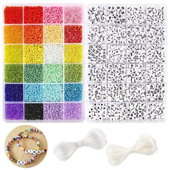 DICOBD 12000pcs 3mm Glass Seed Beads for Bracelets Making Kit with Letter Alphabet Beads, Friendship Bracelet Kits 8/0 Craft Bead for Jewelry Making Necklaces and Key Chains with 2 Rolls of Cord {1}