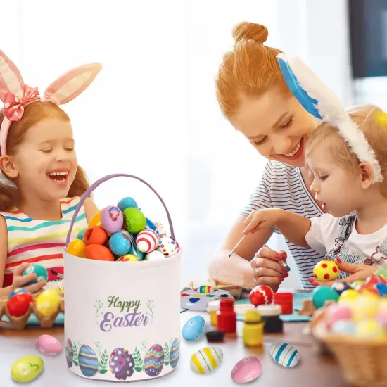 Easter Bunny Basket Egg Buckets Gifts Tote Bags, Canvas Cotton Purple Cute Personalized Egg Hunt Basket Stuffers for Easter Party {4}