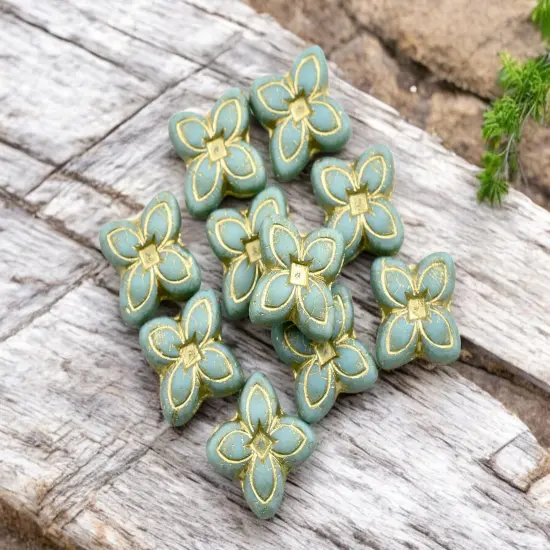 *10* 17mm Bronze Washed Matte Light Turquoise 4 Petal Lily Flower Beads {3}