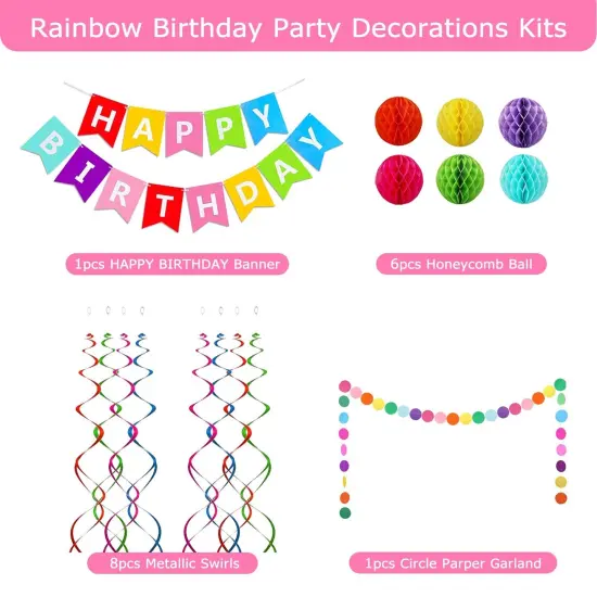 Rainbow Birthday Banner, 6 Honeycomb Balls, 8 Metallic Hanging Swirls and Circle Parper Garland, Happy Birthday Decorations {1}