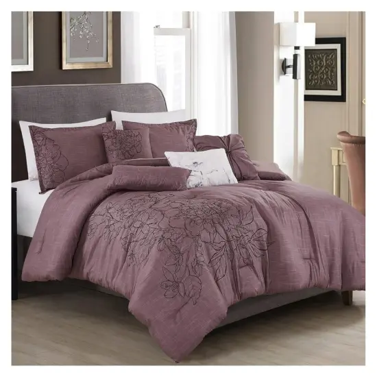 7 Pieces Keeya Purple Floral Comforter Set Peony Embroidery {1}