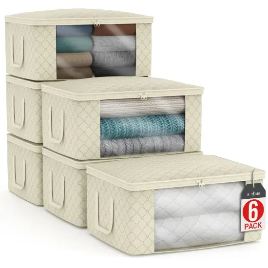 Sorbus Medium Clothes Storage Bags 6 Pack - Foldable Blanket Organizer Bins with Window, Lids, and Handles Beige {1}
