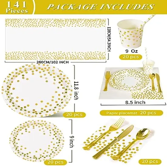 141 Pieces White Gold Party Supplies, Party Dinnerware Sets Include Paper Plates Napkins Cups Silverware, for Wedding Bridal Shower Engagement Birthday Parties Decoration -20 Serves {1}
