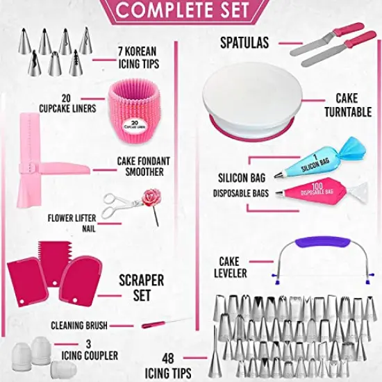 200 Pieces Gift For Women-Cake Decorating Supplies Kit for Beginners RFAQK - Turntable with 48 Numbered Piping &7 Korean Tips(Pattern chart included)-Straight & Offset Spatula-Leveler &Baking tools {1}