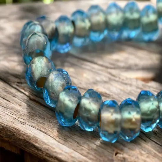 *25* 5x8mm Gold Lined Capri Blue Faceted Large Hole Rondelle Roller Beads {1}