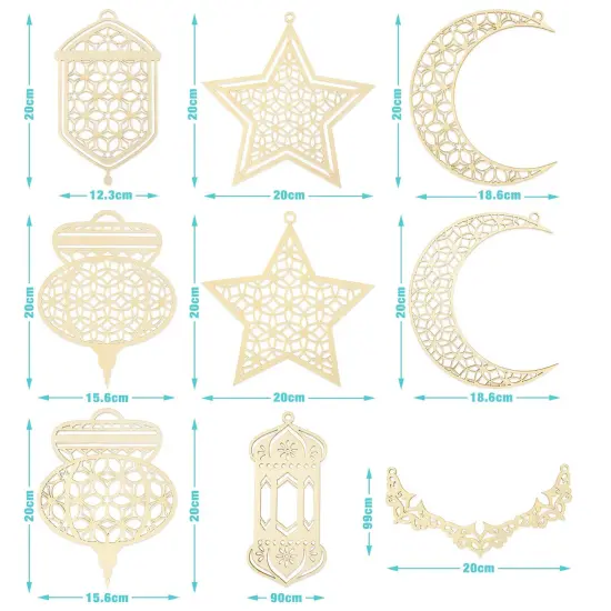 9 PCS Wooden Pendant Ornament Ramadan Kareem Hollow Decoration Moon Star Wind Light Shape Pendant Ornament Happy Eid Hanging Sign for Ramadan Mubarak Eid Party Decorations {1}