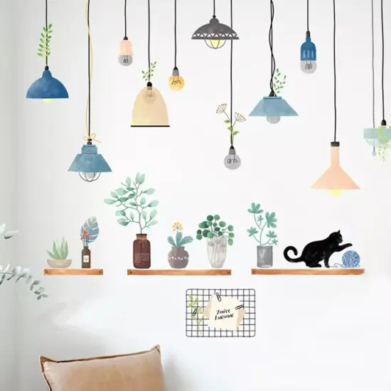 Green Wall Stickers Potted Plants with Shelves and Lamps Removable PVC Bedroom {1}
