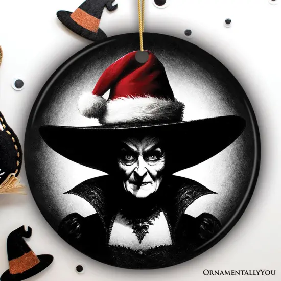 Spooky Witch with Santa Hat Ceramic Ornament, Halloween Themed Christmas Gift and Decor Circle {1}