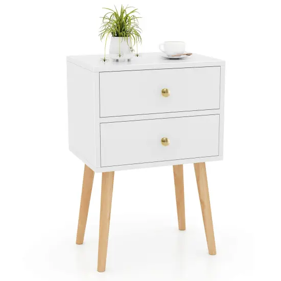 Costway Nightstand Mid-century Modern Bedside Table with 2 Drawers Solid Wood Support Legs {1}