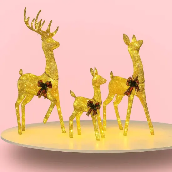Set of 3 Champagne Cotton Thread Deer 60, 48, and 32 Inches Decor {2}