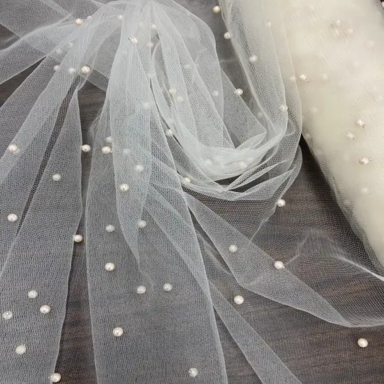 1 Yard 2-Way Stretch Net Mesh Fabric with Scattered Pearls 60" Wide Soft Tulle for Gowns, Veils, and Special Occasion Wear Dimond White {3}