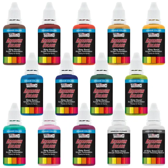 12 Color Secondary Opaque Colors Acrylic Airbrush Paint Set with Reducer & Cleaner, 1 oz. Bottles {1}
