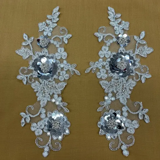 1 Pair Beaded & Corded Floral 3D Lace Applique 100% Polyester Net Mesh 9" x 4" Each Side White {4}